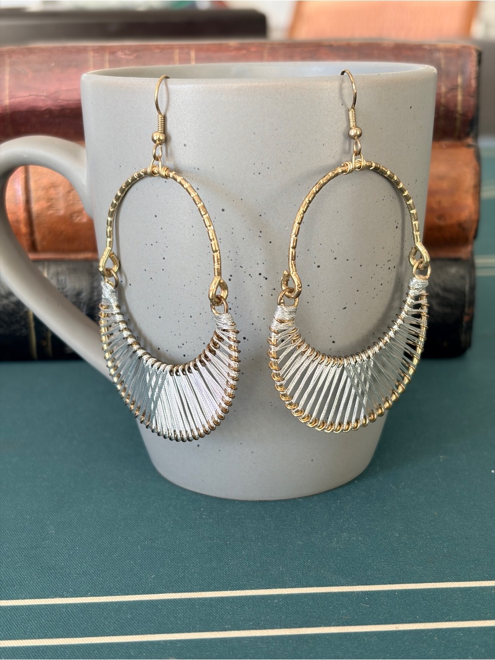 Gold Tone Wire-Wrapped Hoop Earrings in Silver Accents